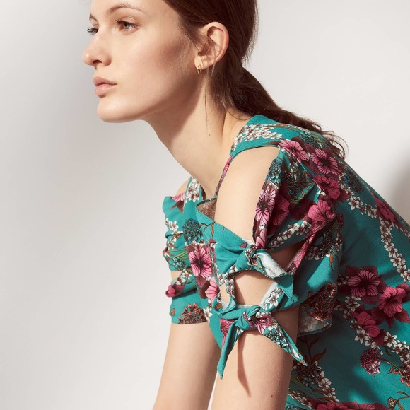 Sandro Teal Cold Shoulder Floral Print Blouse - Picture 1 of 11